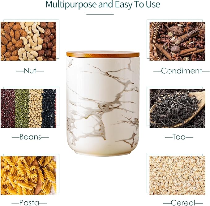 Ceramic Canister Set with Bamboo Airtight Lids, 3-Piece Kitchen Storage Jars (48oz, 30oz, 12oz) – White with Gold Marble Pattern, Glossy Finish, for Coffee, Sugar, Flour & More