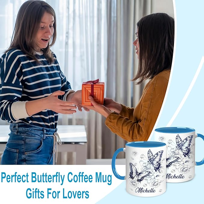 Hyturtle Personalized Blue Butterfly Mug - Butterfly Gifts For Women Lovers - Animal Gift For Bird Lover Her - Bird Gifts For Mom on Mother Day - Custom Name Coffee Cup Ceramic Mug 11 Oz 15 Oz