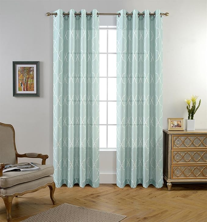 MIUCO Moroccan Embroidered Semi Sheer Curtains Linen Look Grommet Panels for Bedroom 52 x 95 Inch 2 Panels, Subtle Green