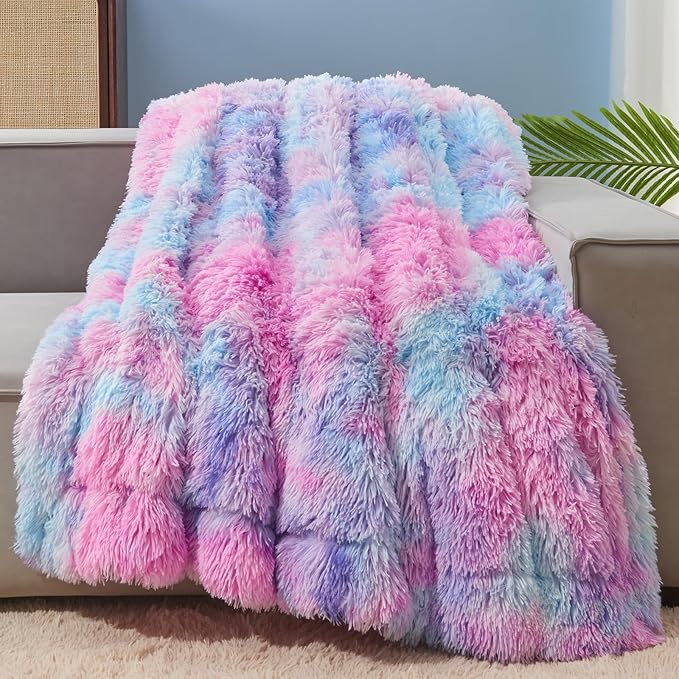 GONAAP Fuzzy Faux Fur Throw Blanket Purple Rainbow Super Soft Cozy Plush Fuzzy Shaggy Blanket for Couch Sofa Bed (Purple Rainbow, Throw(50"x60"))