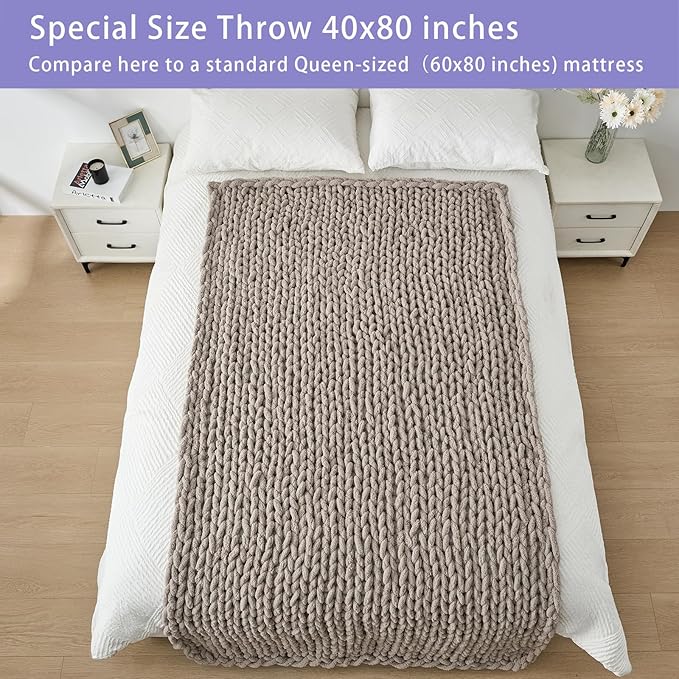 Bigacogo Chunky Knit Throw Blanket for Couch, 40x80 inches, 100% Hand Knitted with Thick Jumbo Chenille Yarn, Cozy Soft Large Rope Knot Cable Crochet Blankets for Sofa Bed Living Room, Taupe