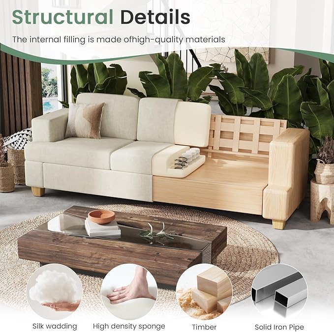 Sofa, 2 Piece Set Comfy Couch, 3 Seater & Loveseat Sofa with Deep Seats, Modern Sleeper Couch for Living Room, Beige Chenille