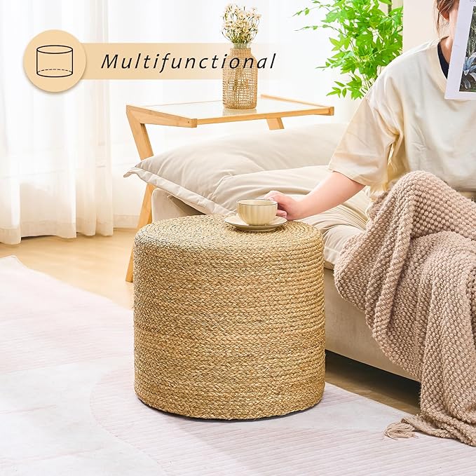 Handwoven Ottoman Pouf, Natural Seagrass Footstool, Round Braided Outdoor Seat with Sturdy Frame, Boho Accent Stool for Patio, Balcony, or Garden (Seagrass)
