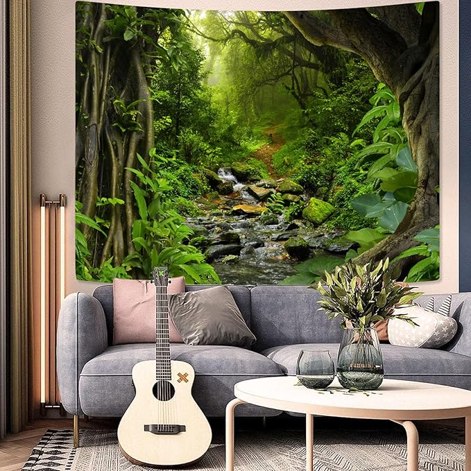 AMM Green Rainforest Tapestry Nature Forest Tapestry for Bedroom Aesthetic Misty Tropical Jungle Trees Flowing Stream Landscape Tapestries Wall Hanging for Living Room Dorm 60 x 44 Inch