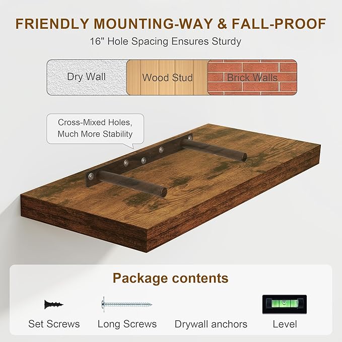 Fun Memories Floating Shelves for Wall, 8 Inch Deep Floating Wall Shelf, 16" x 8" Floating Shelves - Set of 2, Rustic Wooden Storage Shelves for Bathroom, Living Room, Kitchen, Rustic Brown Color
