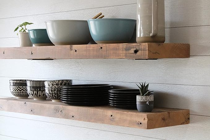 Urban Legacy Reclaimed Barn Joist Deep Floating Shelves | Deep Shelves with Low Profile Shelf Bracket with High Weight Capacity, Set of 2 (48" x 11" x 2.5", Natural)
