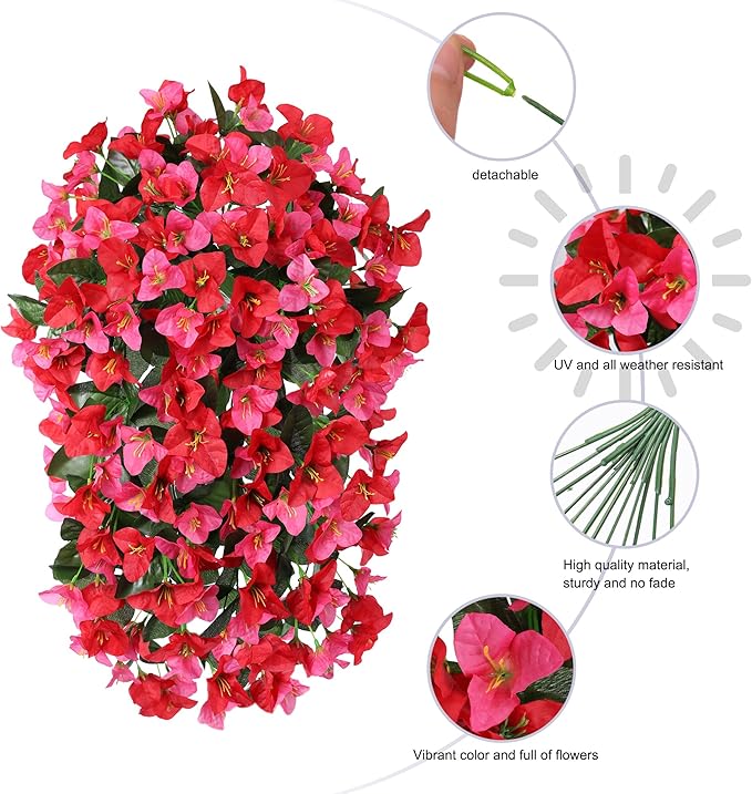 Faux Bougainvillea Artificial Flowers Plants for Outdoors Outside Decoration, 2pcs Fake Flowers Silk Long Trailing Vines UV Resistant Realistic for Front Door Porch Planter Urn Patio Balcony Yard, Mix