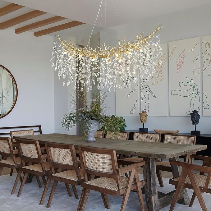 Modern Crystal Gold Chandelier, 55" Large Rectangular Oval Tree Branch Crystal Chandeliers for Dining Room,16-Light Flush Mount K9 Crystal Chandeliers, for Kitchen Island,Dining Room