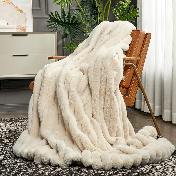 Cozy Bliss Faux Fur Throw Blanket for Couch, Cozy Warm Plush Striped Blanket for Sofa Bedroom Living Room,50 * 60 Inches Beige
