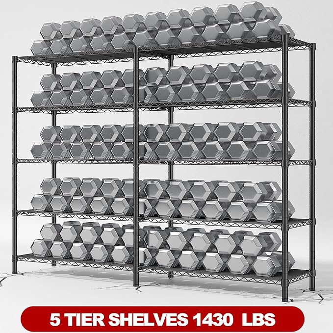 REIBII 5 Tier Wire Shelving Storage Shelves Loads 1430LBS, 58" W Metal Shelving Unit for Storage Adjustable Heavy Duty Garage Shelving Pantry Shelves Kitchen Shelving, Black, 2 Pack