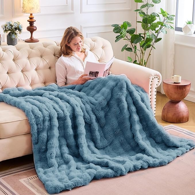 Lotus Karen Faux Fur Throw Blanket Sky Blue - Big Bubble Rabbit Fluff Blanket for Couch Bed Sofa,Softest Fluffy Fuzzy Cozy Blanket,Thick Furry Plush Shaggy Warm Blankets for Women,90x90 Inches