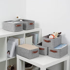 DULLEMELO Small Storage Baskets 11.8"x7.9"x5.1", Fabric Storage Bins for Shelves,Closets,Nursery,Home,Office [3 Pack], Collapsible Storage Baskets with Leather Handles (Gray)