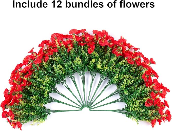 Artificial Flowers for Outdoors Fake Plants Outside Decoration, 12 Bundles Silk Red Morning Glory UV Resistant Look Real Faux Flowers for Planter Front Door Porch Patio Yard Gardens Balcony