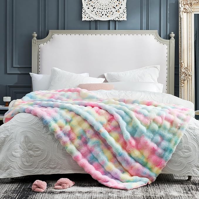 Cozy Bliss Faux Fur Throw Blanket for Couch, Fuzzy Soft Plush Thick Bubble Blanket for Sofa Bedroom Living Room, 60 * 80 Inches Tie-dye Rainbow