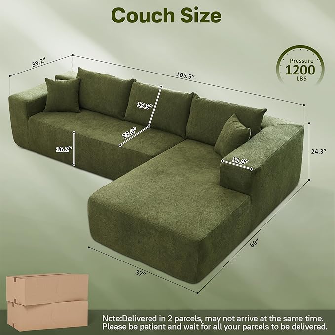 104" Cloud Sectional Couches for Living Room,L Shaped Boneless Couch in A Box,Sleeper Sofa with Comfy Chaise No Assembly Required,Green
