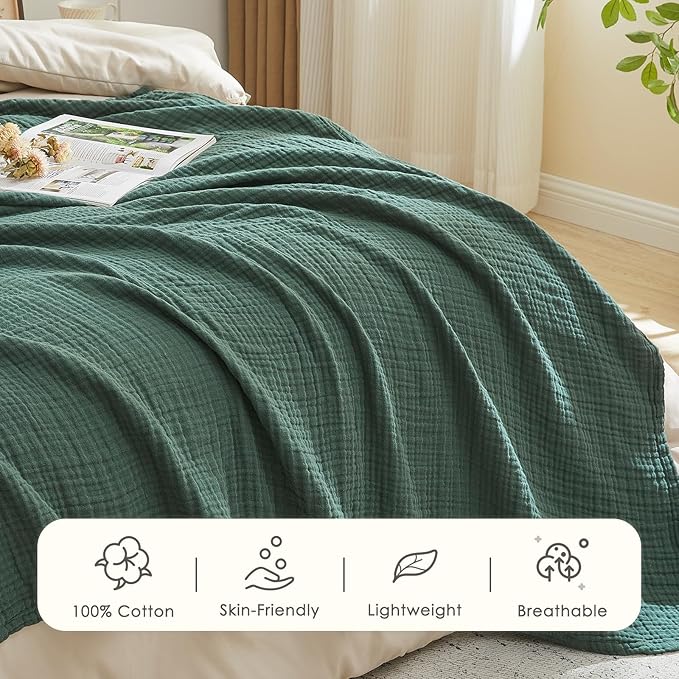 EMME Cotton Muslin Large Throw Blanket Couch Breathable Gauze Blanket Soft Lightweight Bed Blankets Adults (Forest Green, 50"x70")