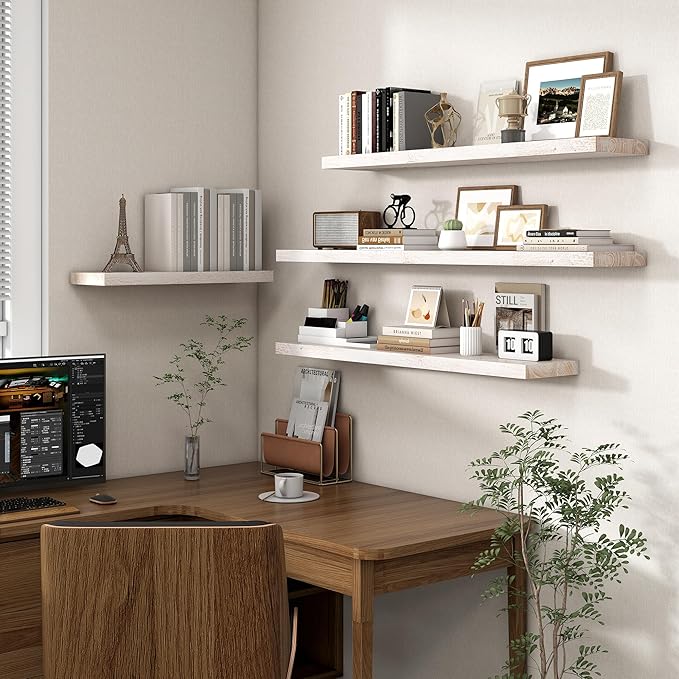 Axeman Floating Shelves for Wall - 40''W x 8'' D Rustic Solid Elm Wood Shelves for Storage, Wall Mounted Display Shelving with Invisible Heavy-Duty Metal Bracket (White Wash, 2PCs)