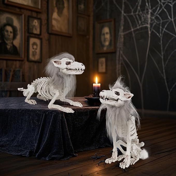 DR.DUDU 2 Pack Halloween Skeleton Wolf Decorations, Life Size Animals Skeletons Poseable Halloween Decor Plastic Bones with Hair Wolf Skull Figurines for Table Yard Lawn Party Props Décor