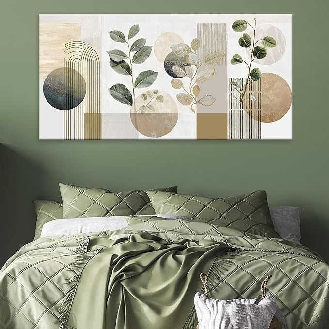 Boho Green Wall Art Mid Century Canvas Wall Art Decor Set Bohemian Abstract Wall Decor Modern Geometric Wall Painting Neutral Botanical Art Print Picture Living Room Bedroom Office Artwork 24"X 48"