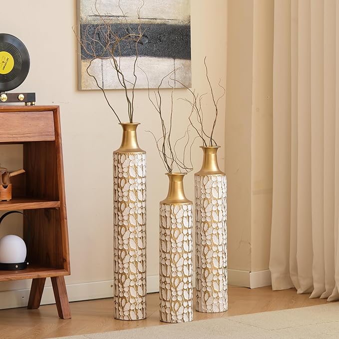 Medhansh Metal Floor Vase, Tall Floor Vase with Gold Twig Pattern, Antique White Finish (Set of 3)