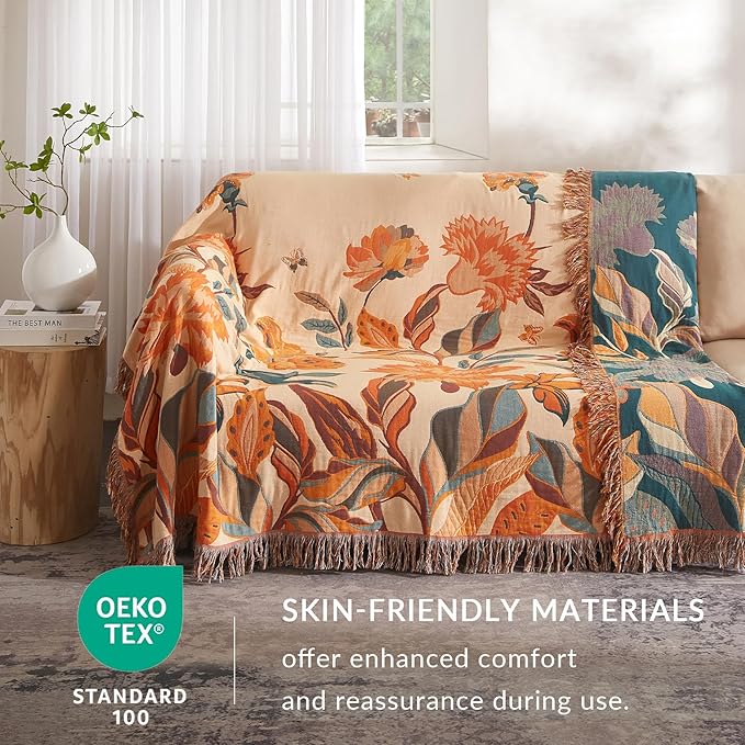 Boho Throw Blanket for Couch Sofa Bed, 100% Cotton Woven Quilt with Tassel 80”x90”, Super Soft Muslin Blanket with Floral Printed, Decorative Reversible Bed Blanket/Cover for All Seasons