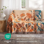 Boho Throw Blanket for Couch Sofa Bed, 100% Cotton Woven Quilt with Tassel 90”x98”, Super Soft Muslin Blanket with Floral Printed, Decorative Reversible Bed Blanket/Cover for All Seasons