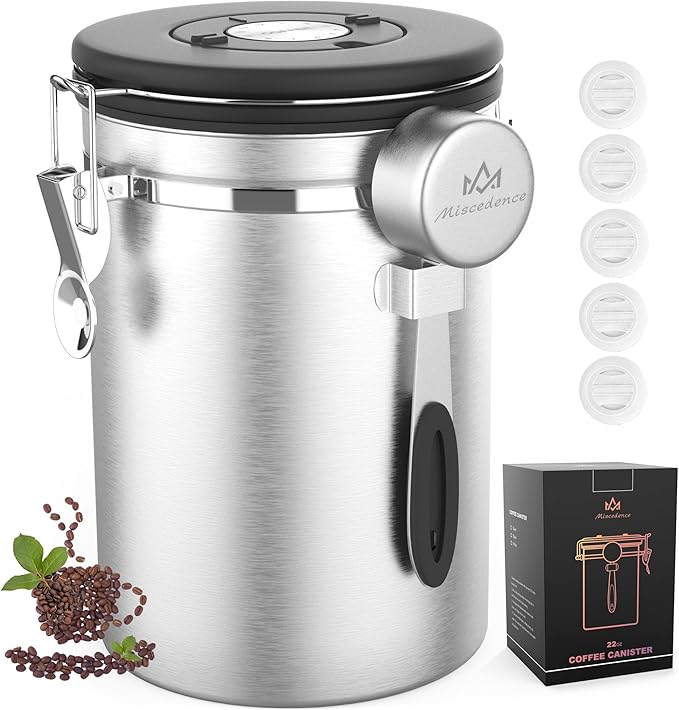 Coffee canister for ground coffee with Scoop Date Tracker One Way Co2 Valve 304 Stainless Steel Kitchen Food Airtight storage container for Coffee Beans,Grounds,Tea,Sugar (Silver, 22oz)