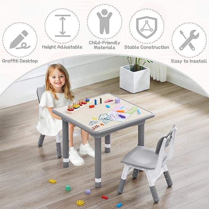 Toddler Table and Chair Set, Height Adjustable-Upgrade Kids Table and 2 Chairs for Ages 3-8, Multi-Activity Toddler Play Table with Graffiti Desktop for Home/Daycare/Classroom