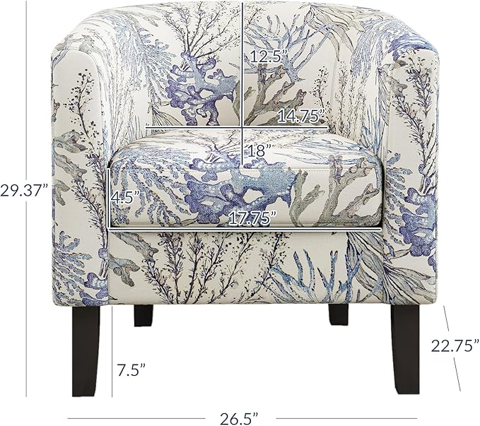 BELLEZE Living Room Chair, Linen Round Accent Barrel Chair, Club Tub Sofa Chair for Bedroom, Corner Chair with Flared Legs and Cozy Soft Padding - Highland (Blue Coral)