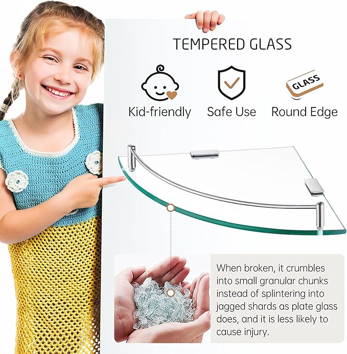 KES Glass Corner Shelf for Bathroom Corner Shelf 2 Pack Tempered Glass Shelf with Rail SUS 304 Stainless Steel Wall Mounted Brushed Finish, BGS2101A-2-P2