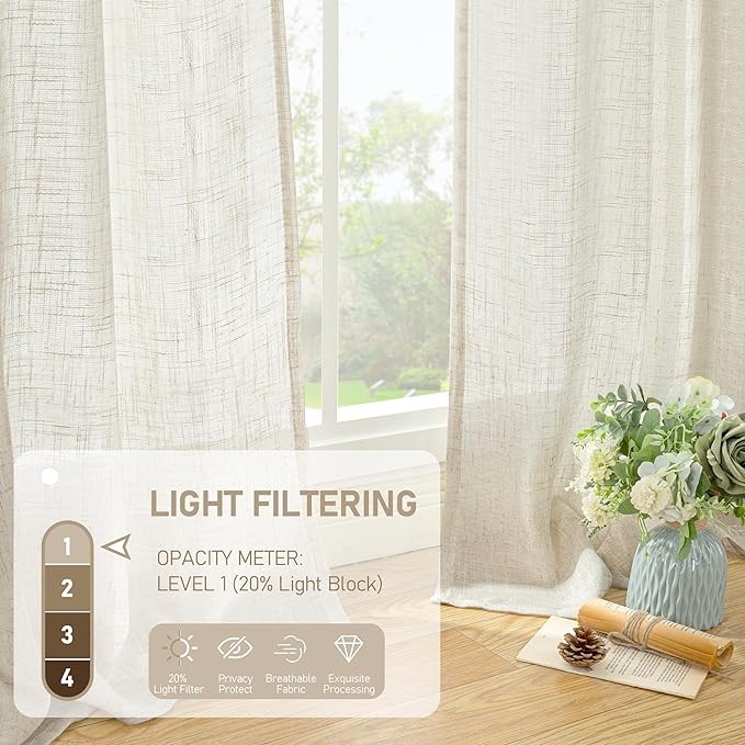 LAMIT Cream Linen Curtains 90 Inch Long 2 Panels Set for Bedroom Living Room, Soft Thick Bronze Grommet Window Drapes Semi Sheer Light Filtering Panels Farmhouse, 52 x 90 Inch, Cream Ivory