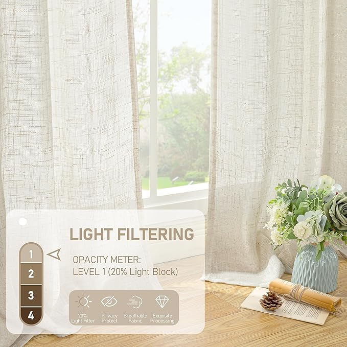 LAMIT Natural Linen 54 Inch Length Curtains for Windows, Semi Sheer Short Linen Neutral Decorative Light Filtering Drapes with Bronze Grommet for Bedroom/Nursery, 2 Panels Set, 52 X 54 Inch