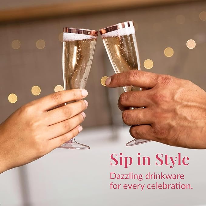 Prestee Set of 24 Plastic Champagne Flutes Disposable - Silver Glitter Pink Champagne Glasses with Rose Gold Rim, Elegant Toasting Cups for Weddings, Cocktail Parties, New Year's Celebrations