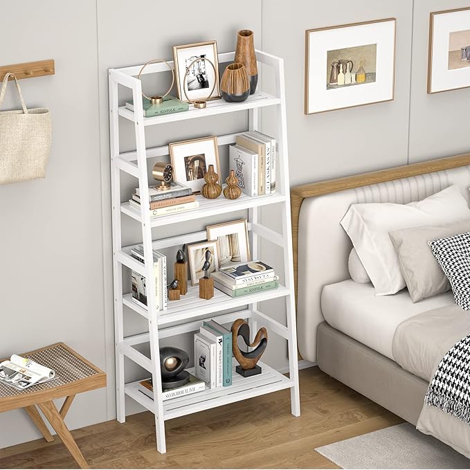 Homykic Bamboo White Bookshelf 4-Tier Ladder Shelf, 49.2” Freestanding Open Bookcase Book Shelf Bathroom Storage Shelf Unit Plant Stand for Small Space, Bedroom, Living Room, Home Office