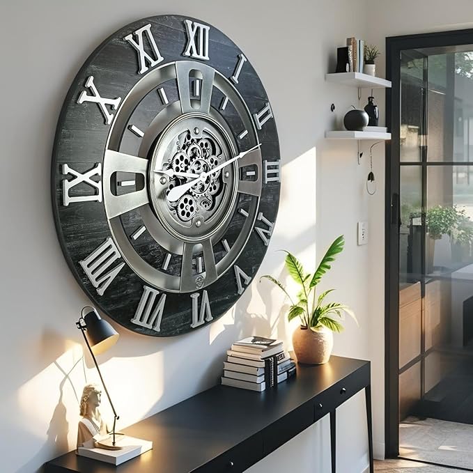 The Gears Clock Real Moving Gear Wall Clock England Line (Vintage Black, 24 inches (60 cm))