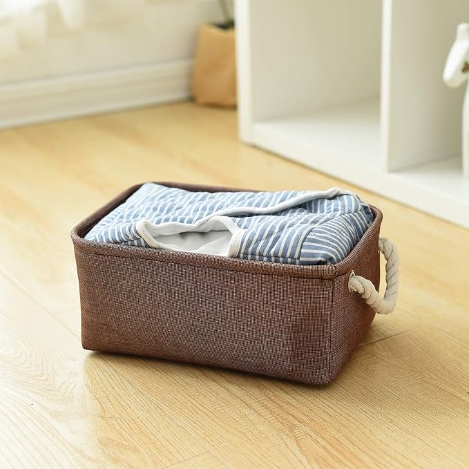 TheWarmHome Small Fabric Canvas Storage Bin with Cotton Rope Handles - Foldable Empty Basket for Gift (Brown-1 Pack,11.8L7.9W5.2H inch)