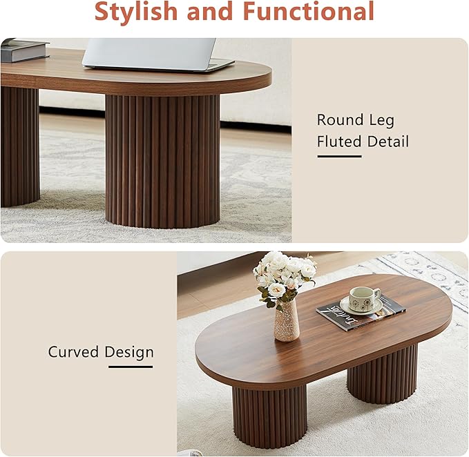 Oval Fluted Coffee Table, Farmhouse Wood Coffee Table Mid Century Modern Center Table Boho Living Room Tables for Living Room Office (Walnut, 19.69" D x 39.38" W x 13.78" H)