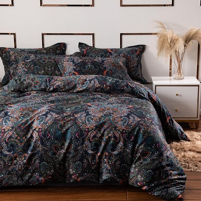 ABREEZE Luxury Vintage Black Duvet Cover Sets Damask Paisley Bedding Set Retro 100% Brushed Cotton Zipper Closure Bedding Collection Twin Size