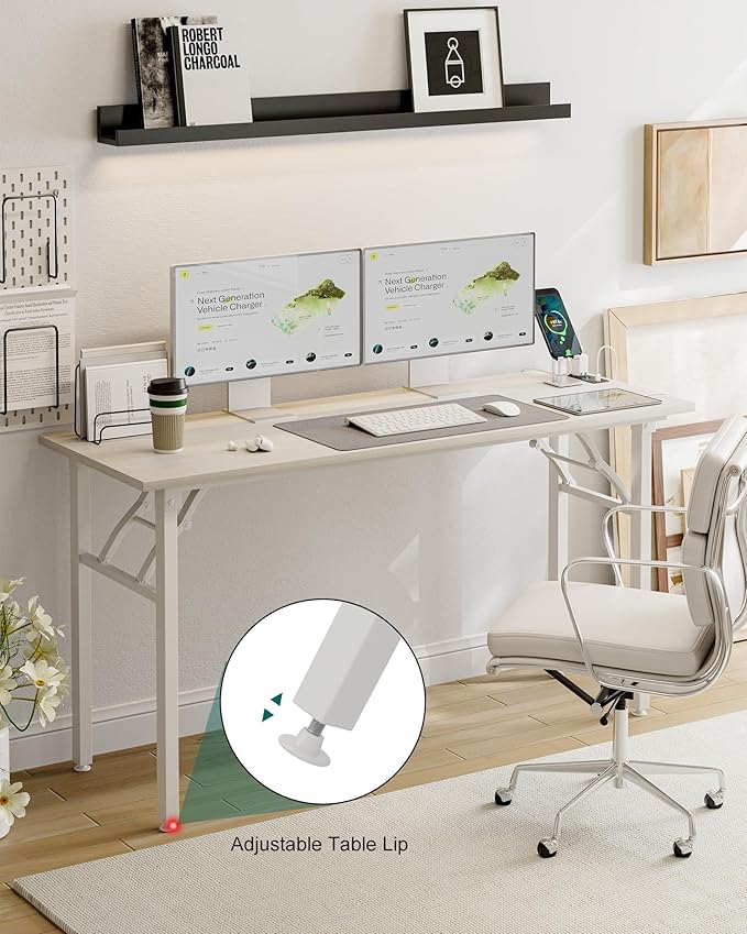 Frylr Small Folding Computer Desk – 55.1 Inch Portable Table for Craft and Study, Lightweight Desk for Small Spaces, Foldable Laptop Table Built-in AC/USB Outlets for Convenience, White Ash