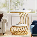 Tribesigns Gold Round End Table: 2 Tiers Faux Marble Side Table with Storage Shelf, Modern White Gold Bedside Nightstand, Metal Arc-Shaped Frame Accent Table for Living Room, Bedroom
