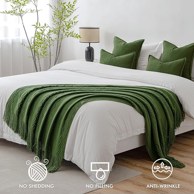 MIULEE Olive Green Knitted Throw Blanket for Couch Boho Textured Cozy Woven Blanket with Tassels for Sofa Chair Bed Living Room Spring Acrylic Wave Pattern 50"x60"
