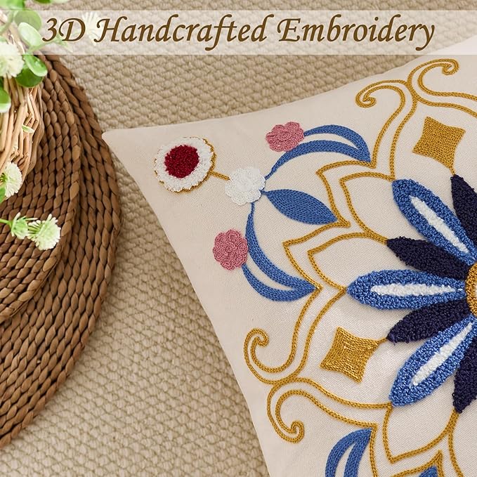 Embroidered Throw Pillow Cover 18x18 Classic Boho Floral Pattern Pillows Cover Outdoor Decorative Pillowcase,Durable Cozy Textured Cushion Case for Sofa Couch Bed Living Room,Blue
