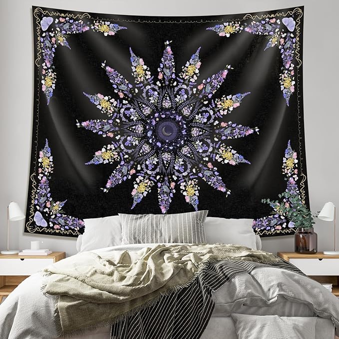 Damanse Floral Tapestry Wall Hanging Cute,Boho Wall Tapestry for Bedroom Aesthetic,Mandala Living Room Decor for Teen Girls (Purple, 59.80" x 78.70")
