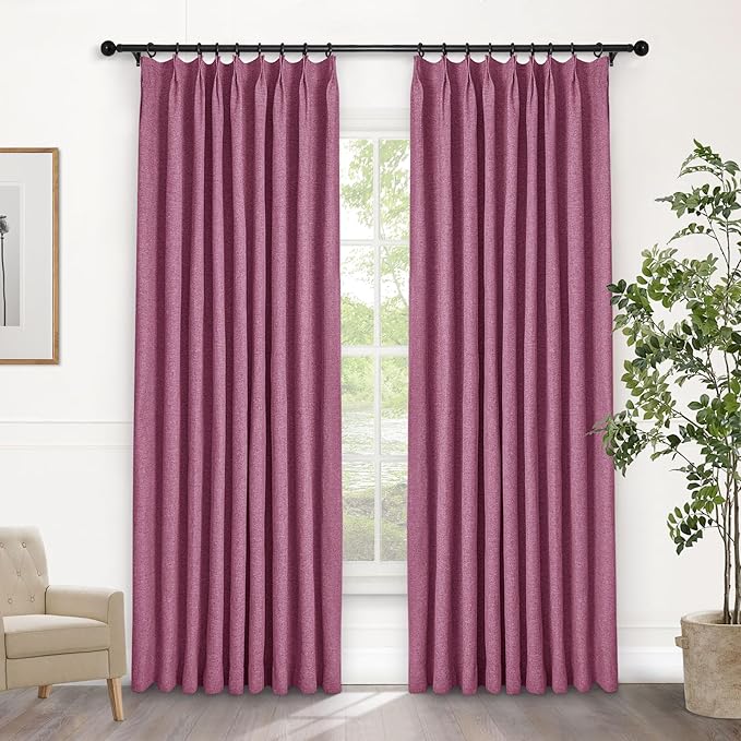 Macochico Lilac 100% Blackout Linen Curtains 96 Inches Long Pinch Pleated Curtains for Bedroom Living Room Nursery Farmhouse Insulated Sound Reducing Drapery with Tieback 84”Wx96”L 1 Panel