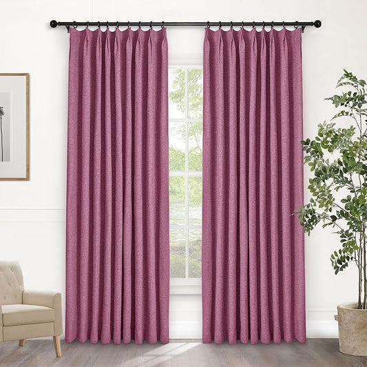 Macochico Lilac 100% Blackout Linen Curtains 96 Inches Long Pinch Pleated Curtains for Bedroom Living Room Nursery Farmhouse Insulated Sound Reducing Drapery with Tieback 84”Wx96”L 1 Panel