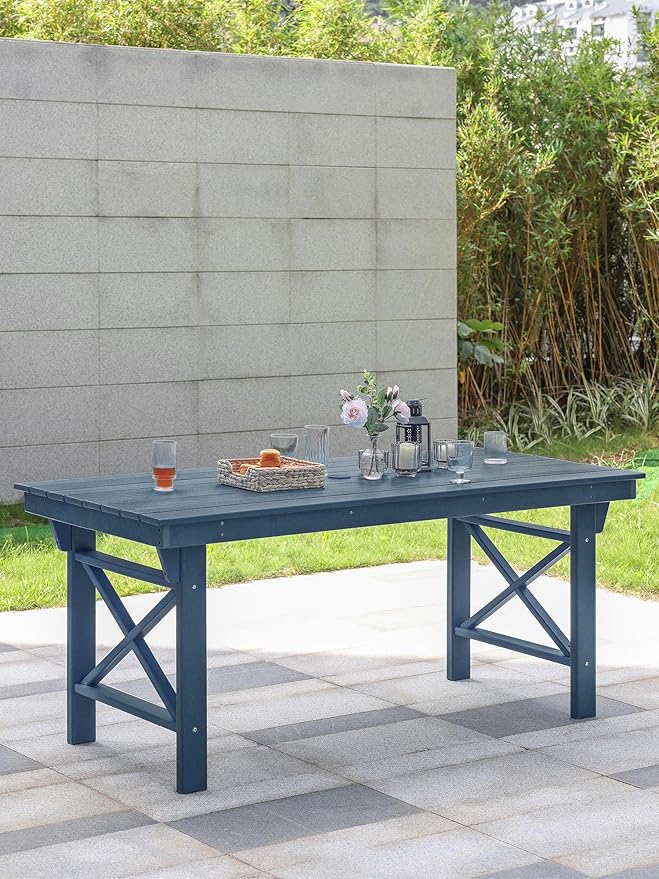 HDPE Outdoor Dining Table, 66.9” Rectangle Patio Dining Table for 6, All-Weather HDPE Outdoor Table with 2.2” Umbrella Hole, HDPE Patio Furniture for Deck, Backyard, Garden, Pool, Navy