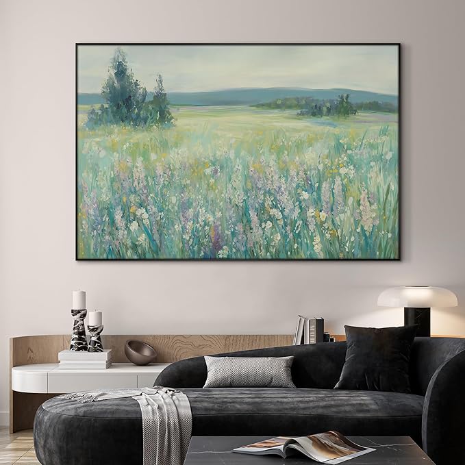 SIGNWIN 46"x72" Extra Large Framed Wall Art Wildflower Meadow Landscape Soft Pastel Nature Illustration for Home Living Room Bedroom Decor (Frame Assembly Required)