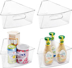 Oubonun Lazy Susan Organizers Set of 4, 10.2”x 9.4”x 4” Plastic Transparent Kitchen Cabinet Storage Bins with Handle, 4" Deep Container, 1/8 Wedge - Food Safe, without BPA