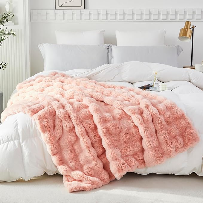 RYNGHIPY Faux Fur Bed Blankets Fluffy Warm Throw Blanket for Sofa Couch Soft Plush Decorative Blanket Thick and Heavy Cute Bubble Furry Blanket (Blush, 51''x63'')