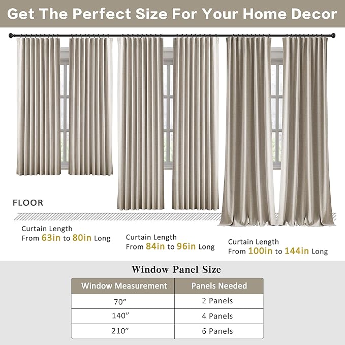 RAIN CITY 92 Inch Long Curtains Blackout 2 Panels,Custom Made Modern Neutral Soundproof Elegant Decorative Dark Out Linen Cottage Nursery Draperies for Living Room 50x92-in Linen Beige